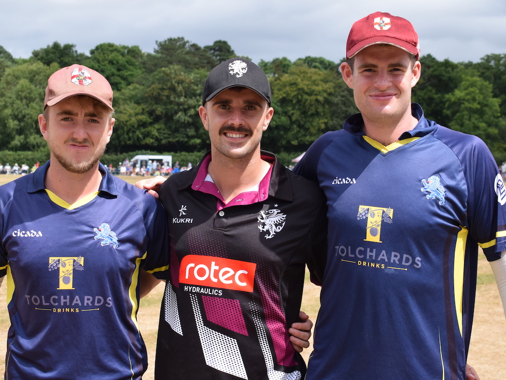 Clyst old boys (left to right) Sam Read (Devon CCC), Ben Green (Somerset CCC) and Ed Middleton (Gloucestershire) get together during a representative game at Bovey Tracey<br>credit: Conrad Sutcliffe - no re-use without copyright owner's consent