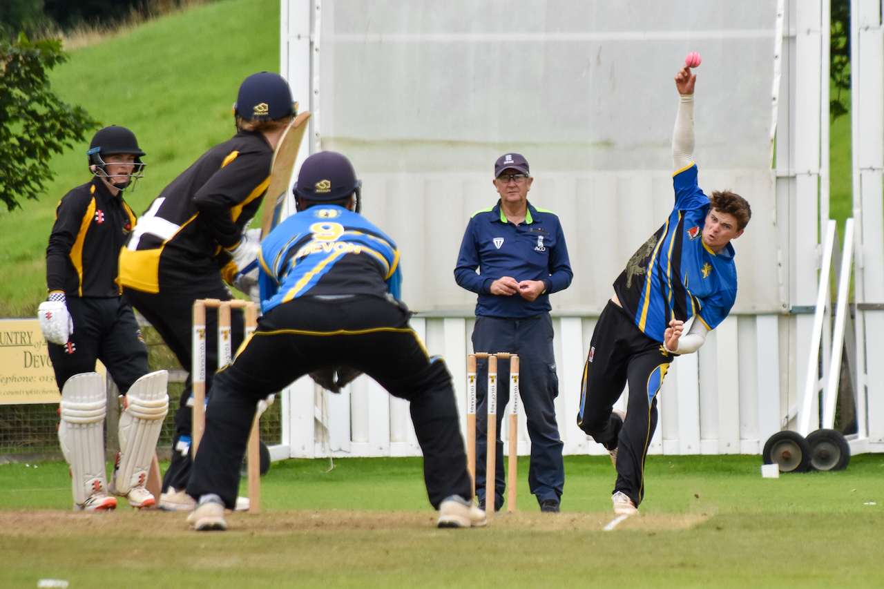 Luke Medlock (Paignton CC) bowling against Cornwall at Sandford CC<br>credit: Jay Harris Photography