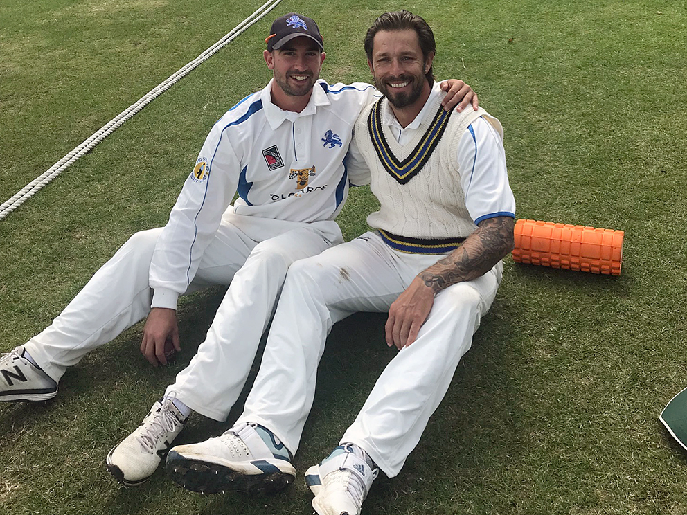Alex Barrow (left) and Peter Trego relax after their stand of 185 against Oxfordshire at Sidmouth<br>credit: Guy Barrow