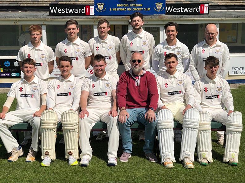 Bideford 1st XI in 2019. Cameron Atkinson is on the left in the back row