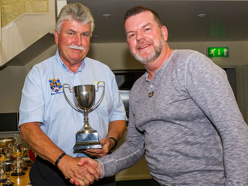 HAT-TRICK HERO: Derek Perry (right) receiving one his three awards from club committeeman David Woods at Bovey Traceyâ€™s awards evening<br>credit: All photos by Mark Lockett