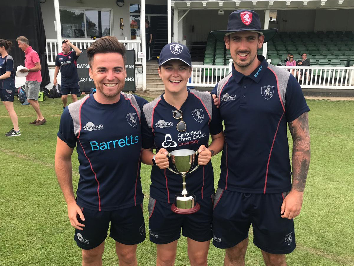 <br>credit: Liam Cook (left), Grace Gibbs, Kent Women player (and centre) and David Hathrill, the current Kent womenâ€™s first-team head coach on the ground at Canterbury. The event was the Womenâ€™s County Championship trophy presentation last season
