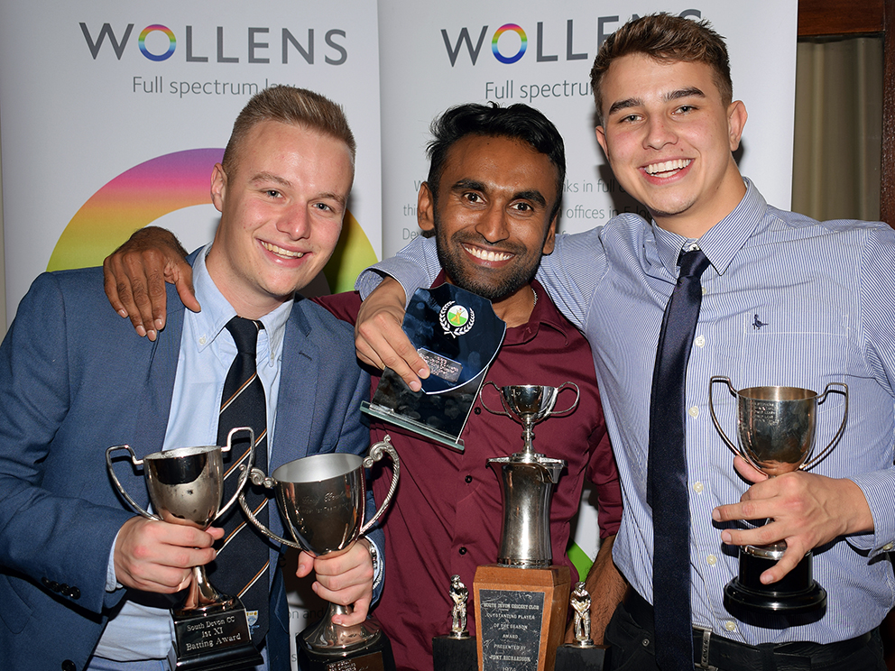 Left to right are South Devon CC 1st XI award winners James Allen (batting and bowling), Dillip Salinda (player of the year) and Jonty Tupman (most improved)<br>credit: Conrad Sutcliffe