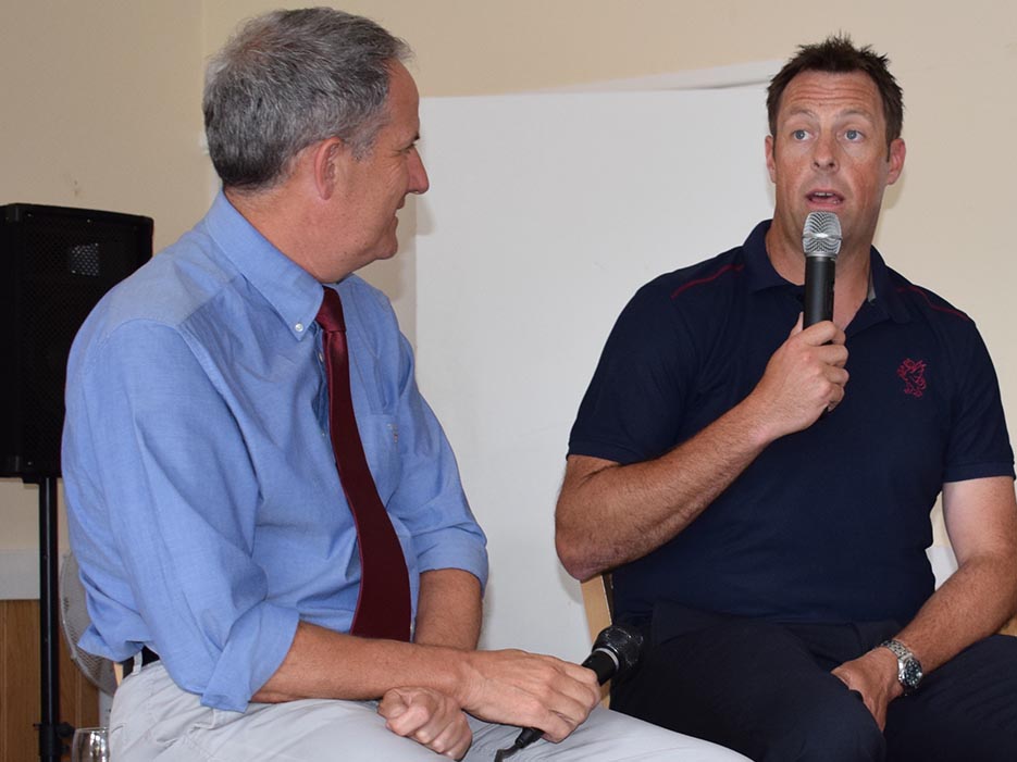 Marcus Trescothick chatting to interviewer Mark Tyler during lunch prior to his testimonial game at South Devon CC last summer