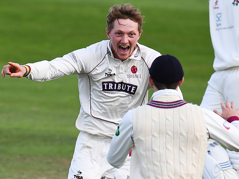 Dom Bess celebrating a wicket for Somerset