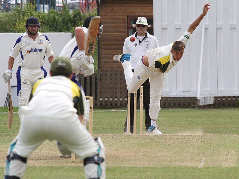 James Burke bowling for Budleigh Salterton in 2014
