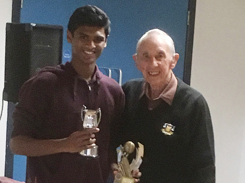 Topsham's Rahul Antony receiving the colt of the year cup from Percy Govier, who donated the trophy