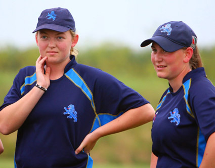 Emily Edgcombe (left) and Steph Hutchins ponder the next move against Wales