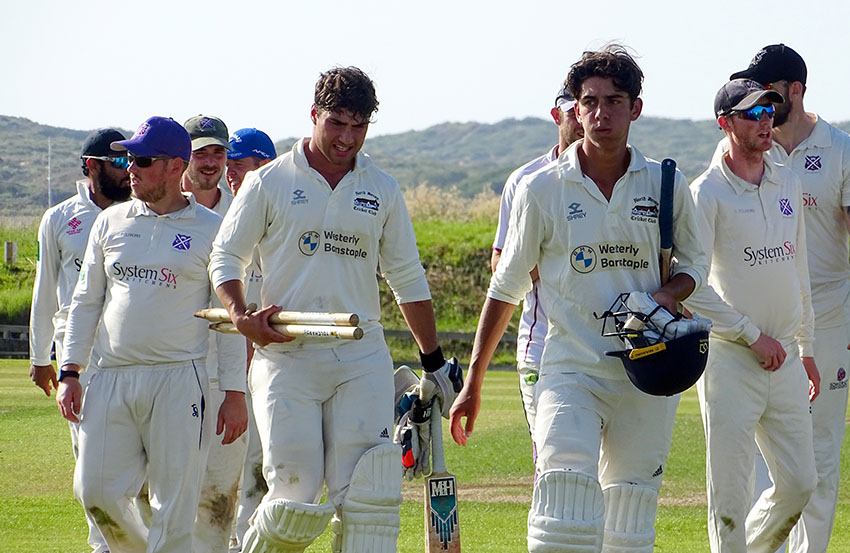 The Windley brothers â€“ Isaac (left) and Reuben (right) coming off the field at Instow after steering North Devon to victory  