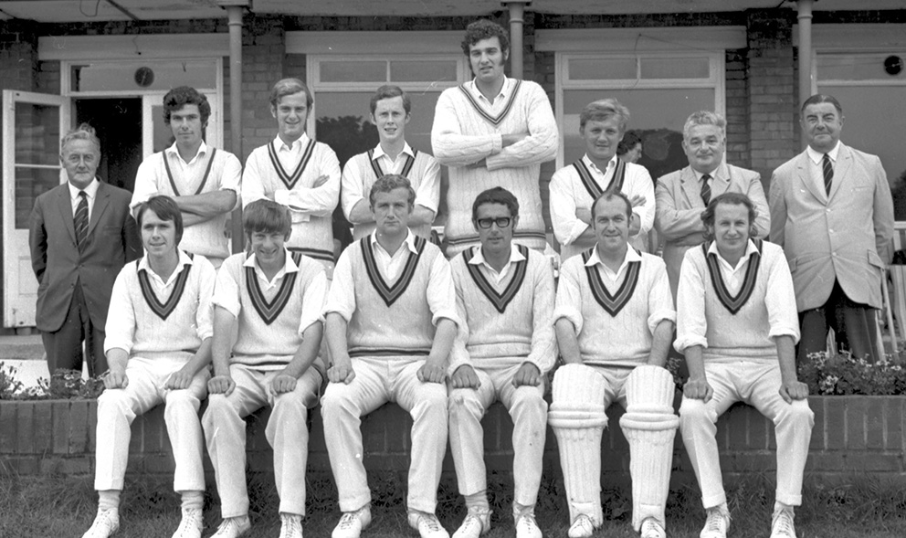  Devon as they lined up at Queen's Park to face Dorset in 1971: Back (left to right): Laurie Price, Ian Murray, Brian Lambert, Mike Goodrich, Paul Dunkels, Terry Friend, Bob Whitburn, Ralph Haly. Front: John Tolliday, Alan Sibley, Doug Yeabsley, Gerald Trump, Pete Eele, Dave Traylor. 