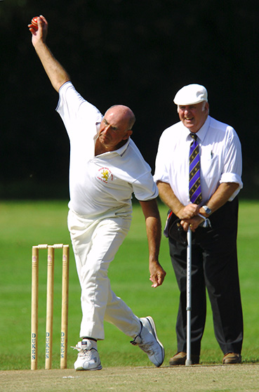The late Bert Mitchell umpiring at Torquay. The bowler is Michael Hunt