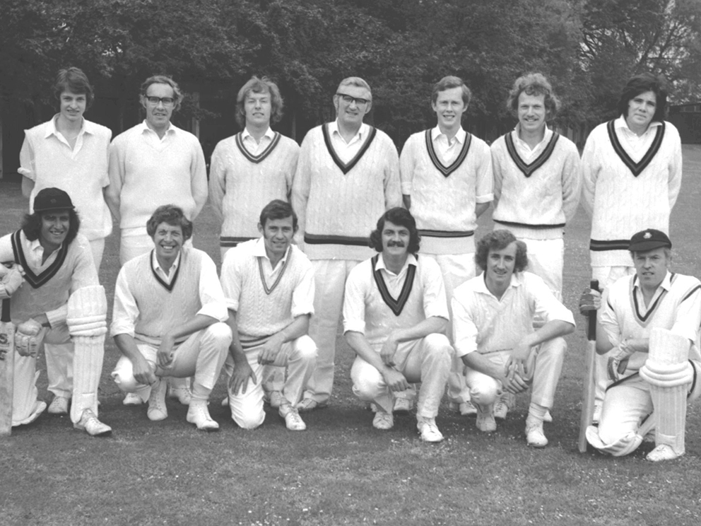 Torquay CC before a Sunday game against a celebrity side in 1973. Alan Smith is second from the left in the back row