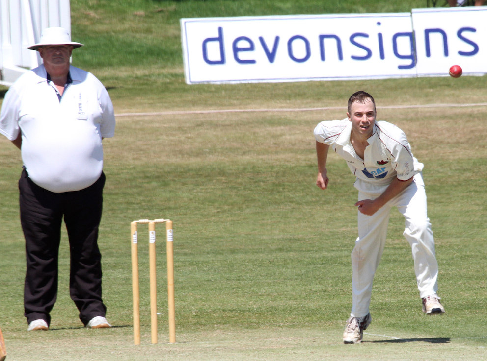 Bamber: Umpire Pete Bamber kooks on impassively from the Pavilion End of Exmouth’s ground as Gary Chappell bowls against Plymouth during the 2013 season