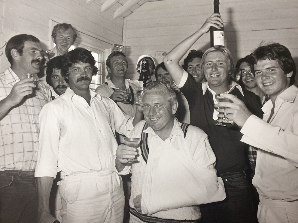 Barrie Matthews, second left at the front, toasting Devon's success in the 1978 play-off final against Durham at Exeter<br>credit: John Tolliday collection