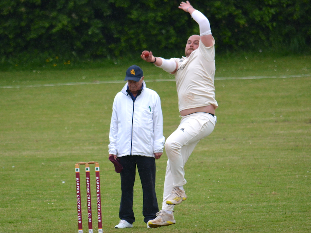 Barton 2nd XI captain Chris Stubbs bowling against Plymouth CS&R at Cricketfield Road<br>credit: Conrad Sutcliffe - no re-use without copyright owner's consent