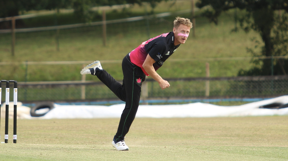 Cup-final man of the match George Greenway hurls down a delivery