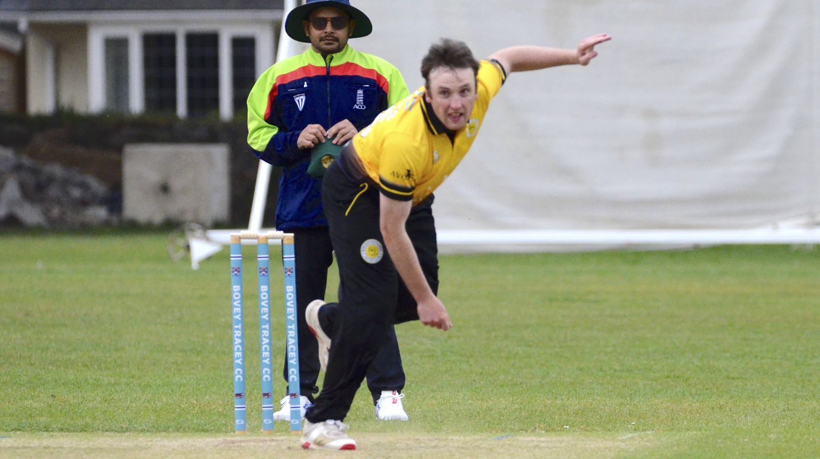 Budleigh's Hugo Hughes – on the losing side against Heathcoat despite a five-wicket haul<br>credit: Conrad Sutcliffe - no re-use without copyright owner's consent