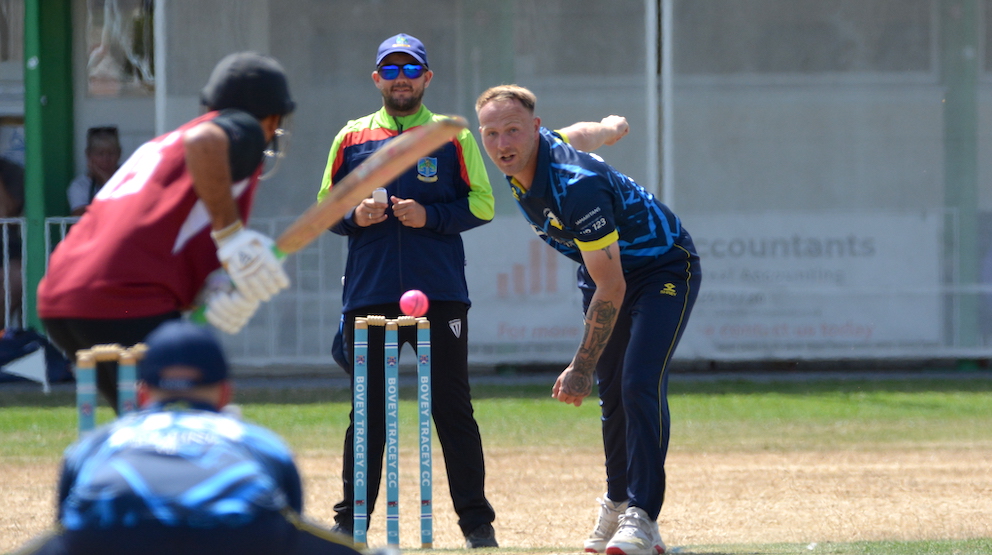 Left-armer Adam Frost – Plymstock's leading wicket taker<br>credit: Conrad Sutcliffe - no re-use without copyright owner's consent