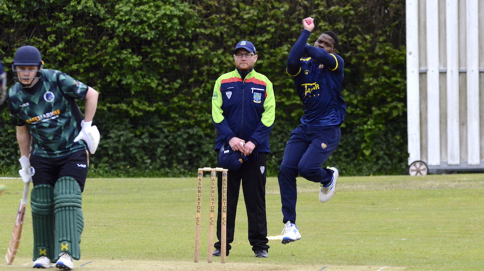 Plympton's Manny Motswiri – five wickets in the win at Bovey Tracey<br>credit: Conrad Sutcliffe - no re-use without copyright owner's consent