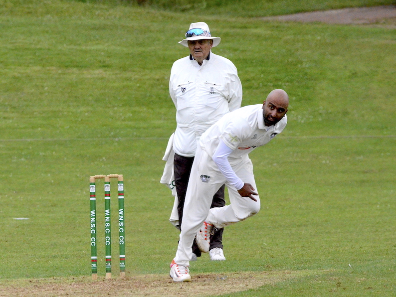 Nalin Chouhan bowling for W&NSC against North Devon 2nd XI