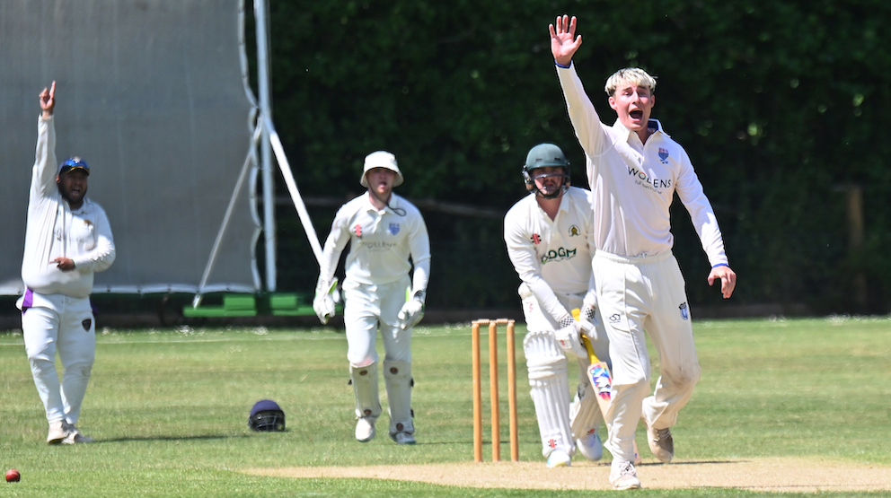 South Devon's Jack Allen appeals for lbw and Abbotskerswell's Brayden Notman is on his way