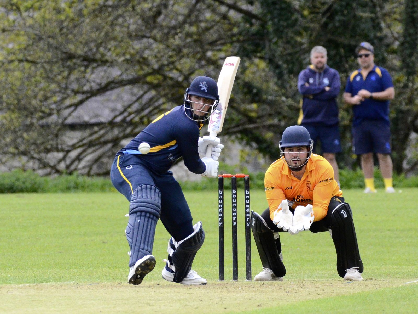 Devon captain James Horler steps out to drive the Cornwall bowling<br>credit: Conrad Sutcliffe - no re-use without copyright owner's consent