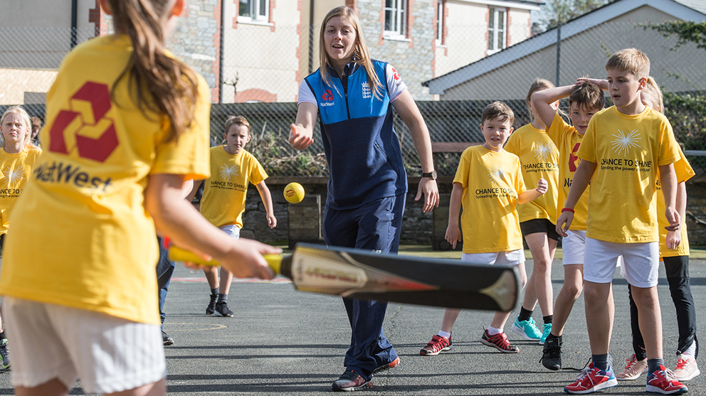 Heather Knight coaching youngsters at Elburton Primary School