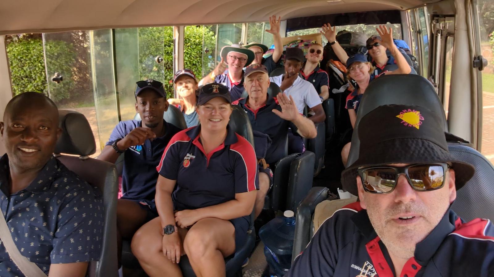 On the bus en route to a school for another coaching session.
