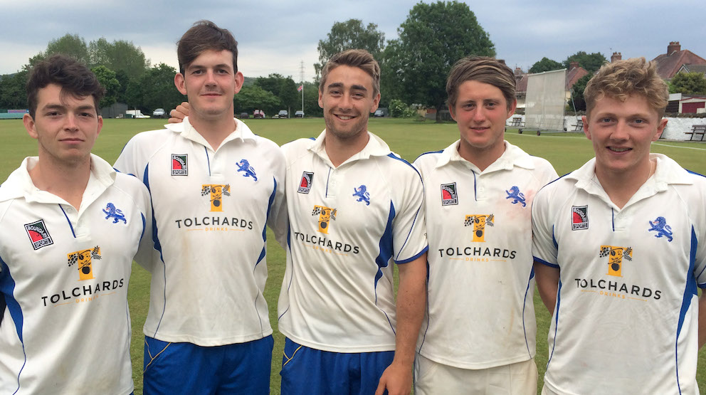 Left to right are Jack Dart, Dan Pyle, Zak Bess, Dylan Penberthy-Hutchings and Dom Bess – all ex-South Africa tourists who played for Devon CCC against Wales at Pontarddulais in 2016. Team-mates Matt Golding, Matt Thompson and Josh Bess were also tour old boys