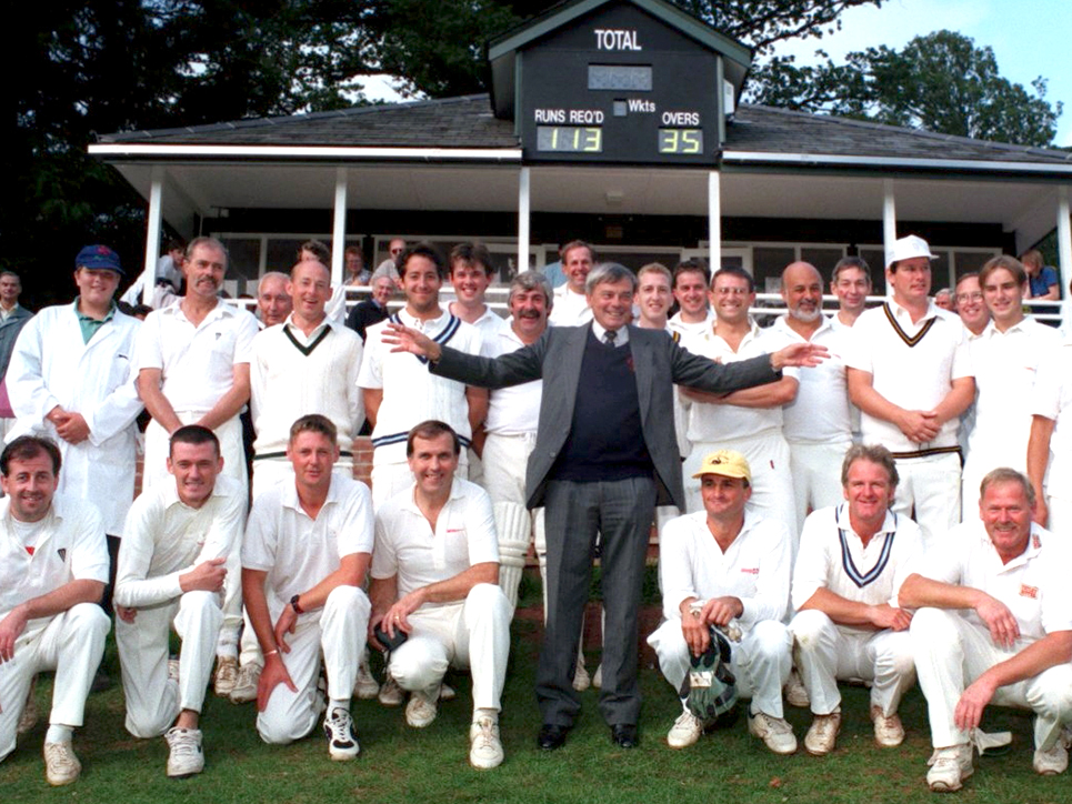 Dickie Bird at Cockington in 1999 officially opening the new pavilion overlooking the ground