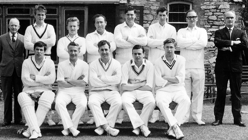 Dickie Bird (second from right in the front row) pictured in front of the old pavilion at South Devon before a game in 1966. Among the others in the photo are Andy Scott, Terry Friend, Len Harvey, umpire Jack Padfield and a front row of Brian Sambrook, Trevor Ward, captain Ron Fenton, Bird and Peter Blackmore <br>credit: South Devon CC Collection