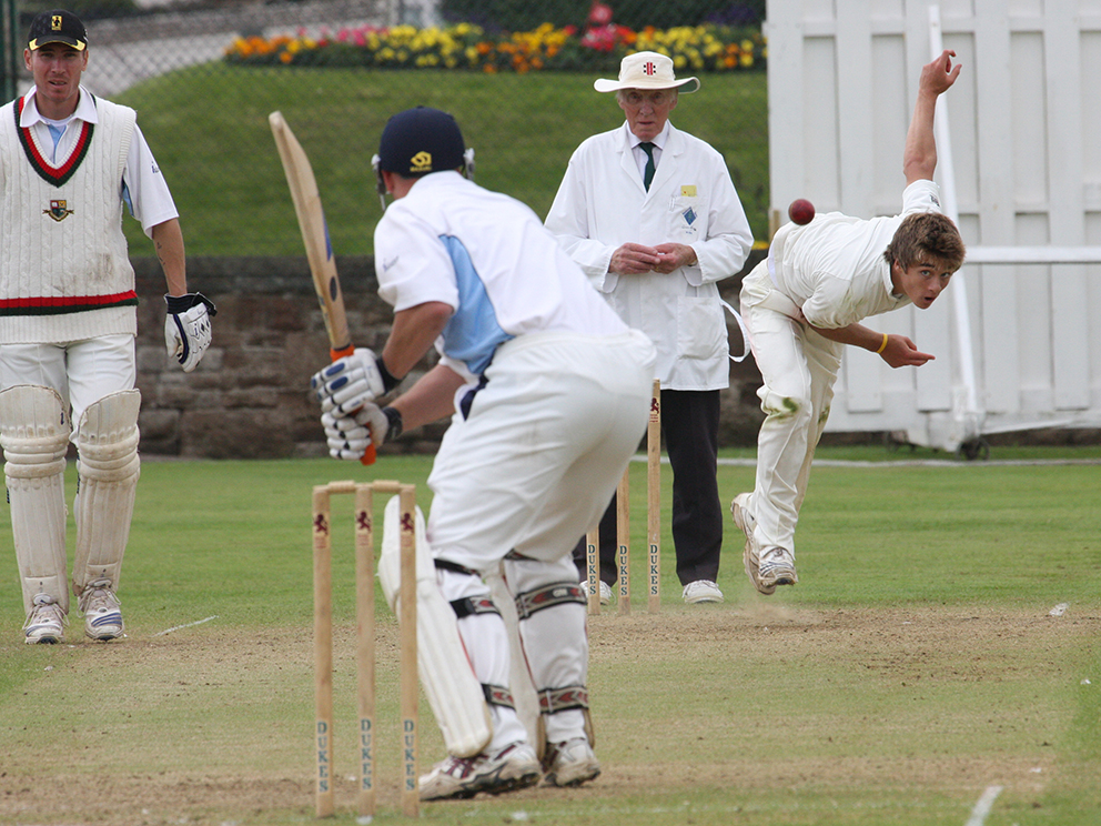 Zak Bess operating from the Belmont end against North Devon in 2009. Alan Marsh is the umpire