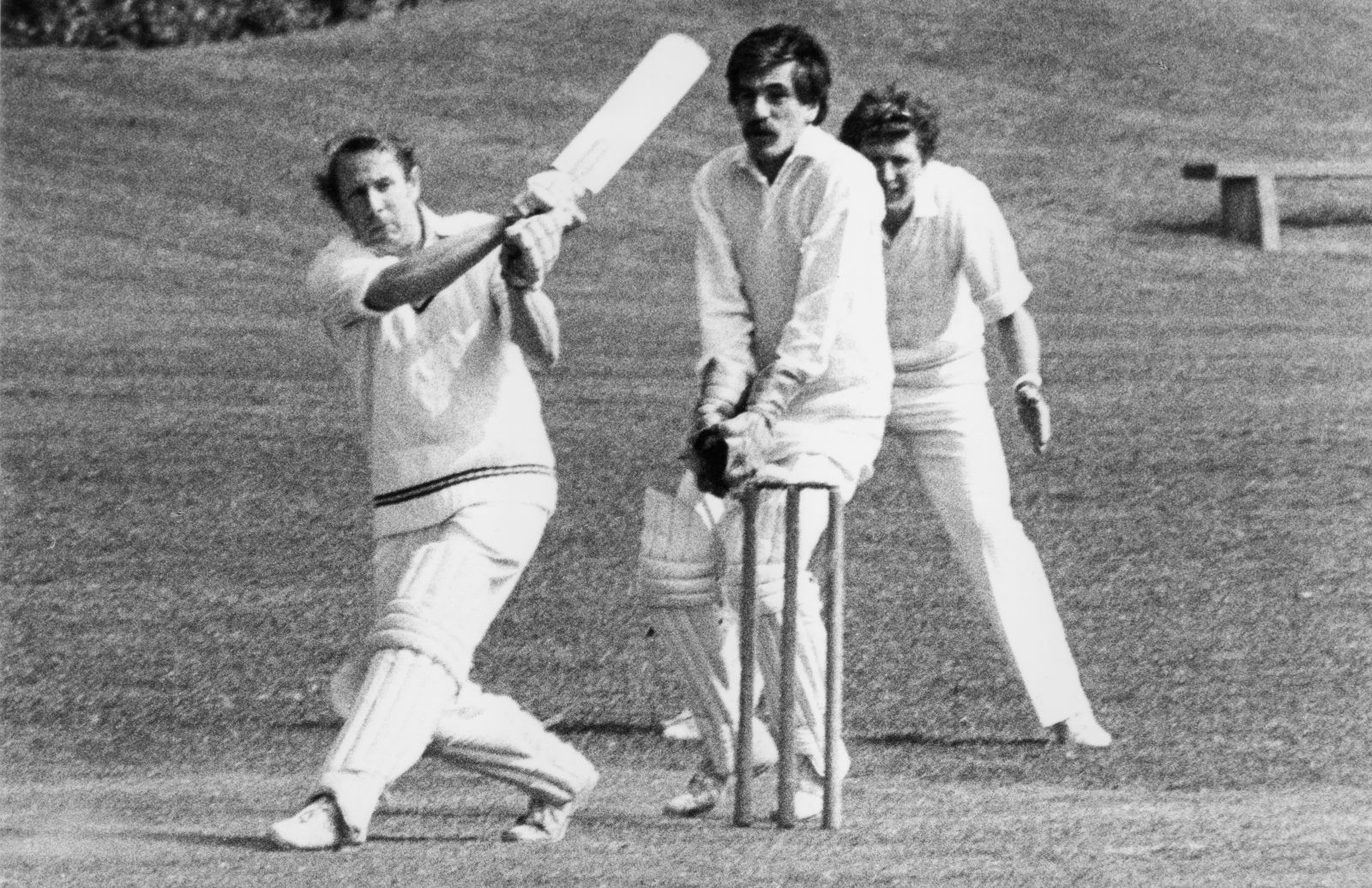 Barry Page-Dove hits out for St Marychurch again Sandford back in 1984. The wicketkeeper is Stan Weeks<br>credit: Conradcopy Archive