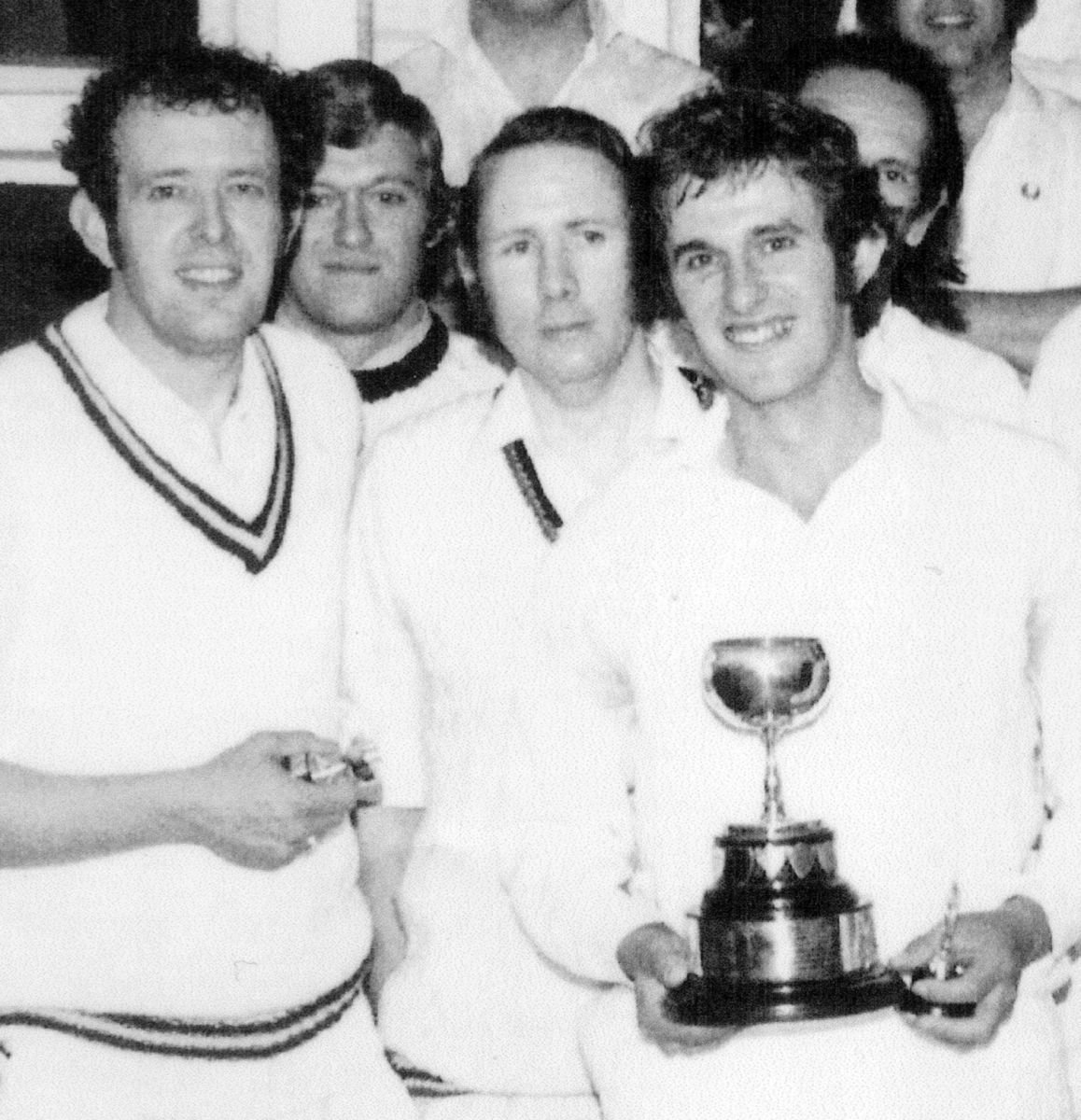 Left to right are Roger Mann, Barry Page-Dove and Wellswood captain Tony Mann after the Brockman Cup final win over St Marychurch in 1974