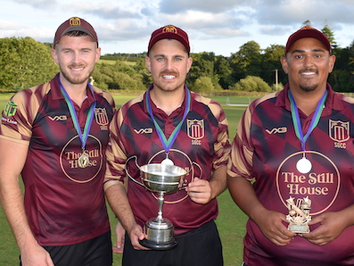 Left to right are match-winning batsman Michael Meech, Stoke skipper Jack Tolley and man-of-the-match Justin Pringle